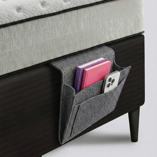 Bedsac bedside caddy organizer sliding between mattress and headboard