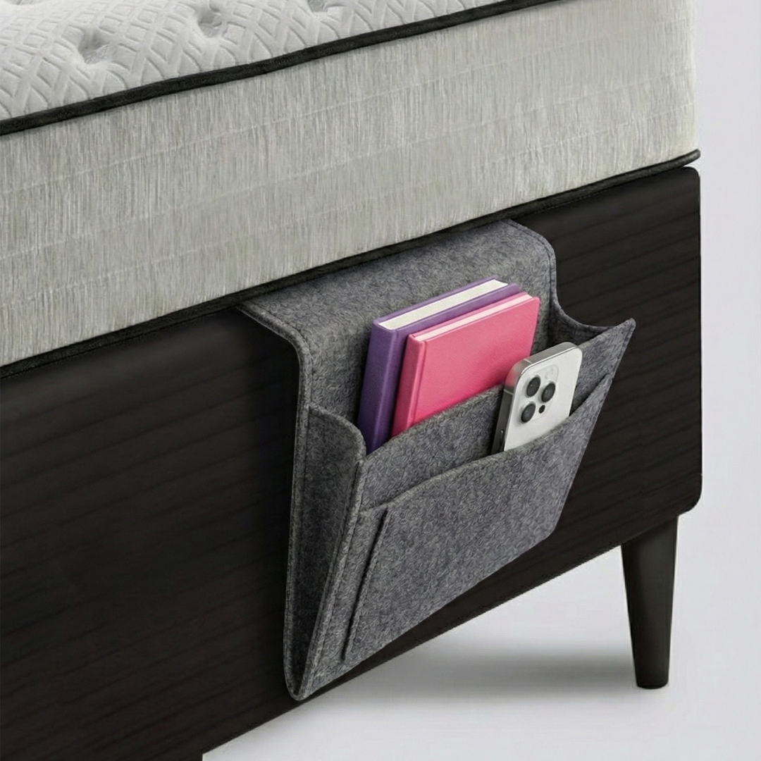 Bedsac bedside caddy organizer sliding between mattress and headboard