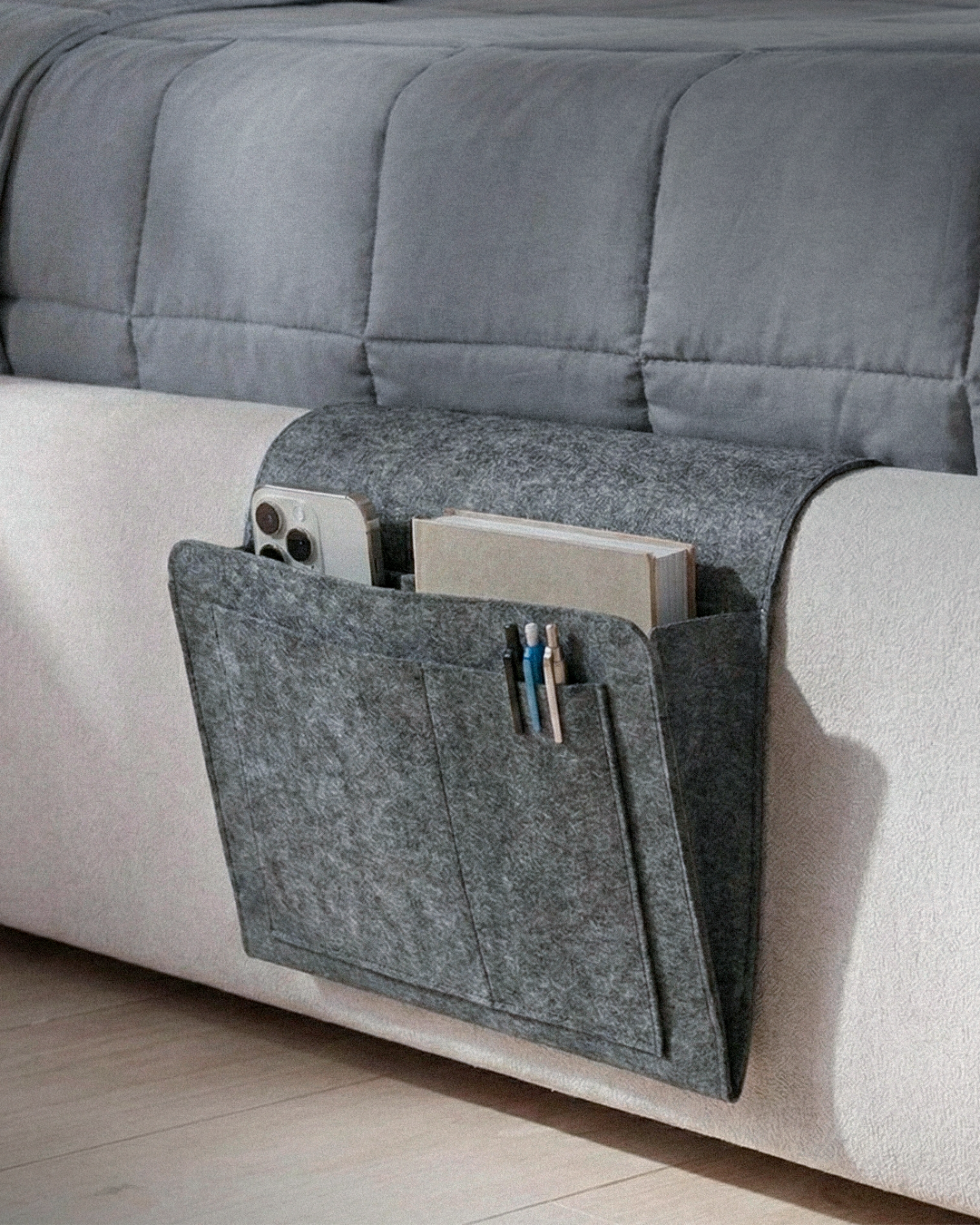 Sleek bedside organizer that keeps your essentials within arm’s reach while maximizing space and eliminating clutter.